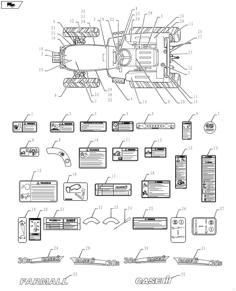 Схема запчастей Case IH FARMALL 30B - (90.108.01) - DECALS (90) - PLATFORM, CAB, BODYWORK AND DECALS