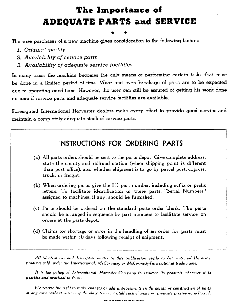 Схема запчастей Case IH 50 - (2) - THE IMPORTANCE OF ADEQUATE PARTS AND SERVICE 
