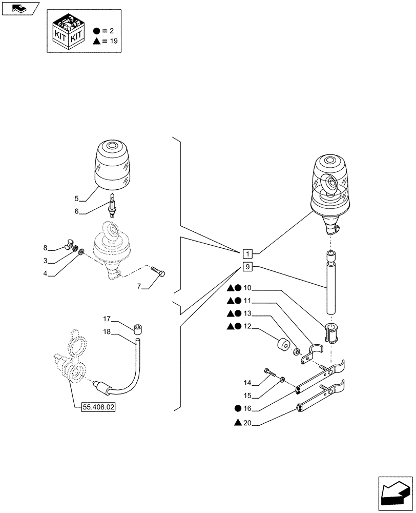 Схема запчастей Case IH PUMA 185 - (55.408.0201) - RH SIDE REAR BEACON - BEACON (VAR.729755) (55) - ELECTRICAL SYSTEMS