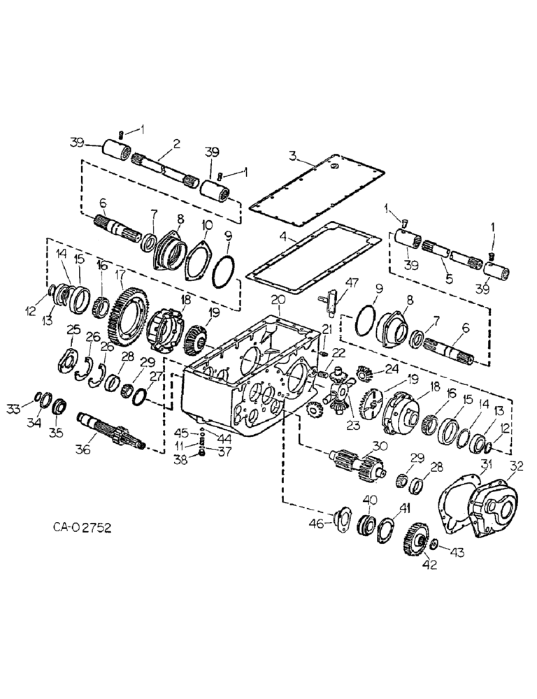 Схема запчастей Case IH 815 - (B-02) - POWER TRAIN, TRANS, TRANS CASE, DIFFERENTIAL PINION SHAFT DIFFERENTIAL AND TRANS INTERMEDIATE SHAFT (03) - POWER TRAIN
