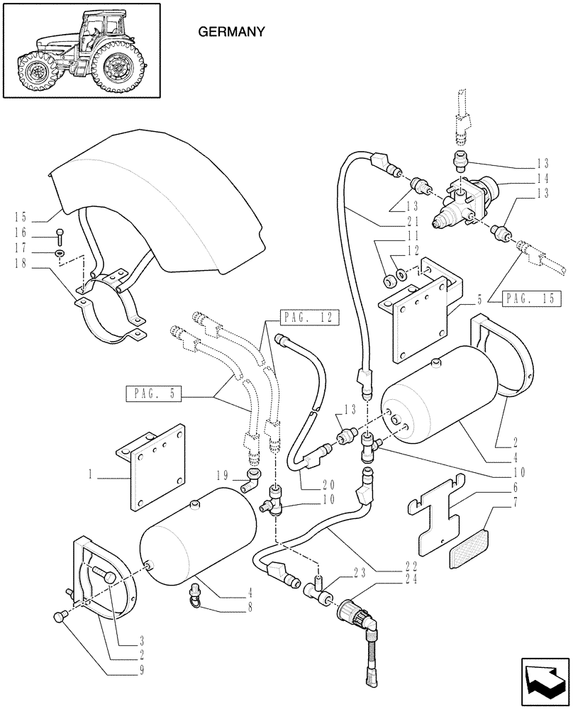 Схема запчастей Case IH MXU115 - (1.68.6[08]) - (VAR.384/1-385) TRAILER AIR BRAKE GERMANY - AIR TANK AND PIPES - C5287 (05) - REAR AXLE