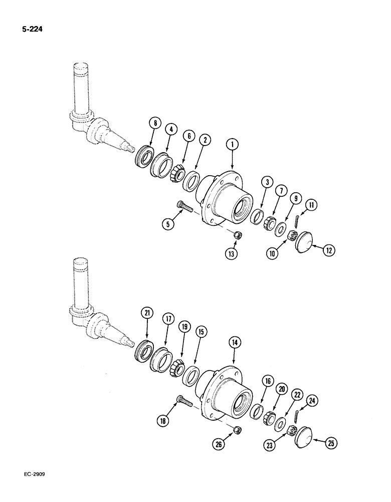 Схема запчастей Case IH 585 - (5-224) - WHEEL HUB AND CAP, ADJUSTABLE FRONT AXLE, SWEPT BACK AXLE (05) - STEERING