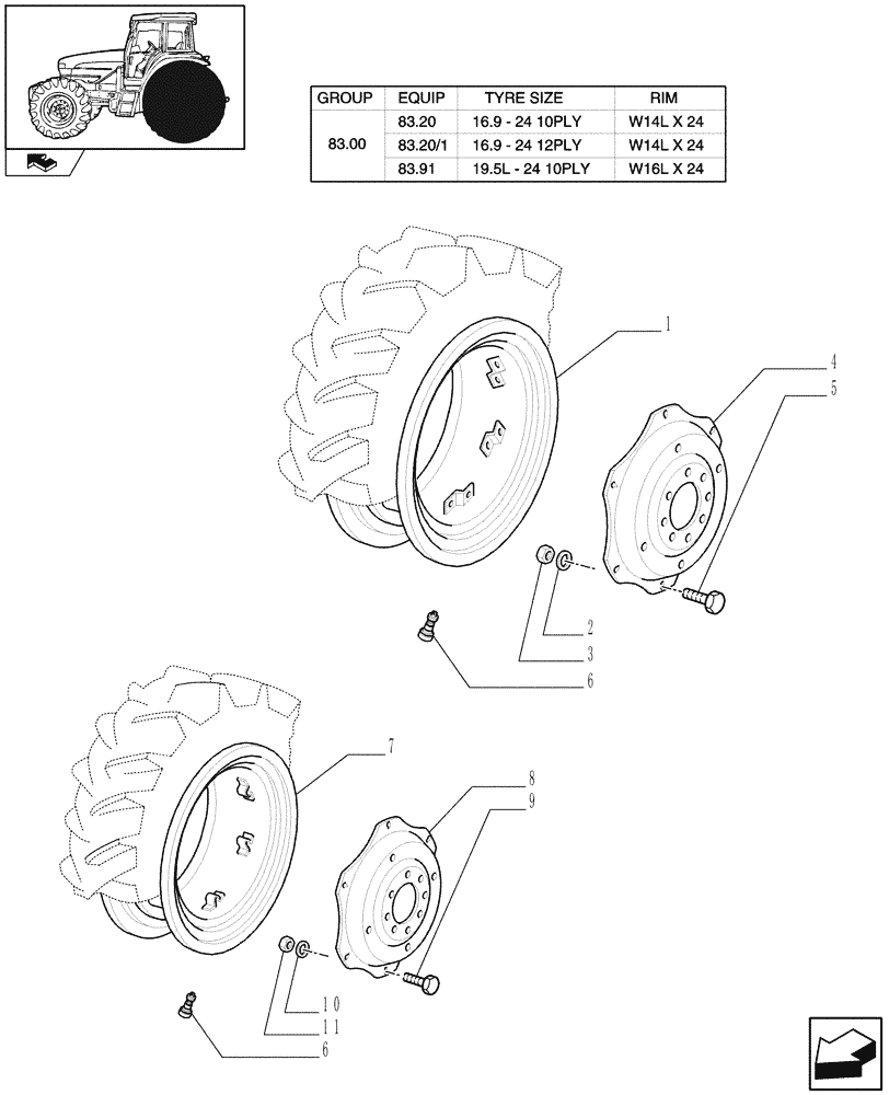 Схема запчастей Case IH FARMALL 95U - (83.00[04]) - REAR WHEELS (11) - WHEELS/TRACKS