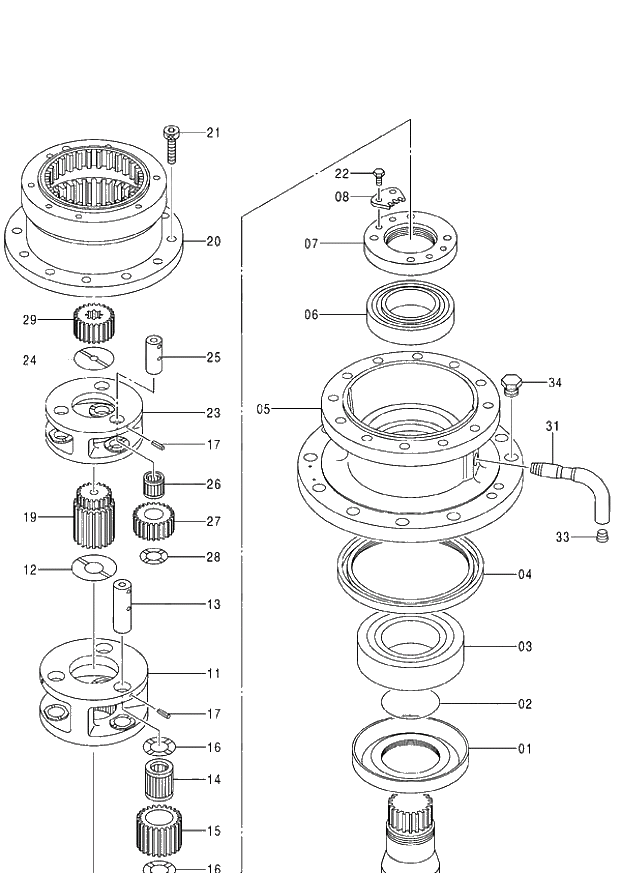 Схема запчастей Hitachi ZX140W-3 - 325 TRANSMISSION (SWING) ( CEB 002001-002352, CED 002001-002379, CEA 020001-020390). 02 MOTOR