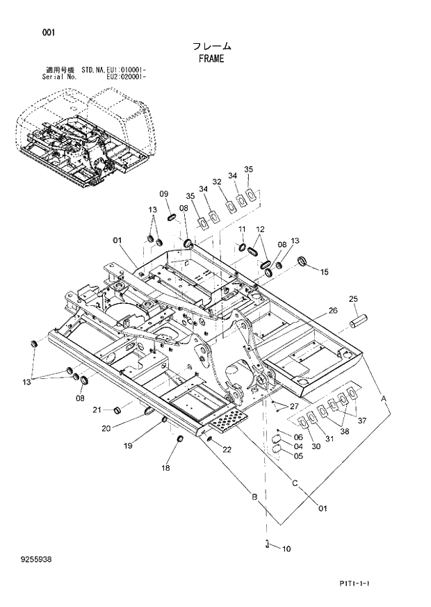 Схема запчастей Hitachi ZX160LC-3 - 001_FRAME (EU1 010001 - EU2 020001 - NA - NA STD - STD). 01 UPPERSTRUCTURE