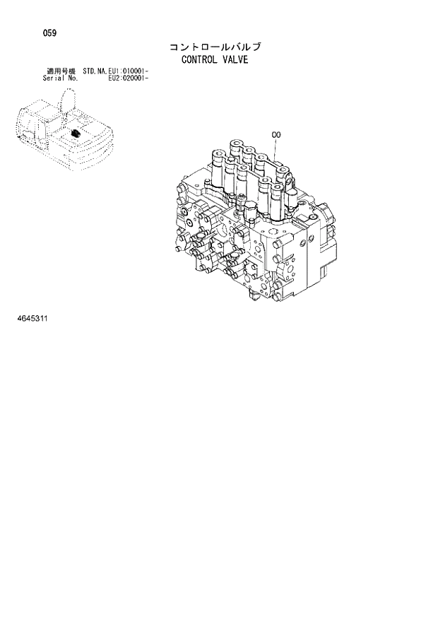 Схема запчастей Hitachi ZX160LC-3 - 059_CONTROL VALVE (EU1 010001 -; EU2 020001 -; NA - NA; STD - STD). 01 UPPERSTRUCTURE