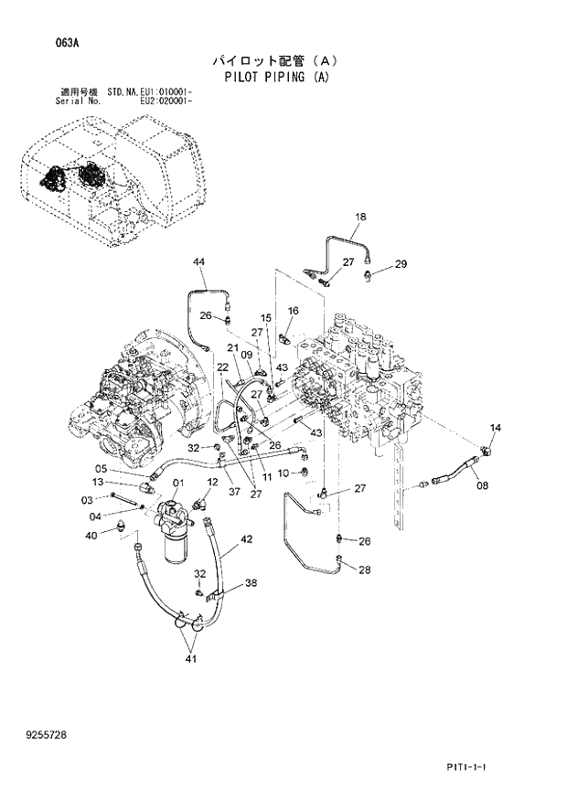 Схема запчастей Hitachi ZX160LC-3 - 063_PILOT PIPING (A) (EU1 010001 -; EU2 020001 -; NA - NA; STD - STD). 01 UPPERSTRUCTURE