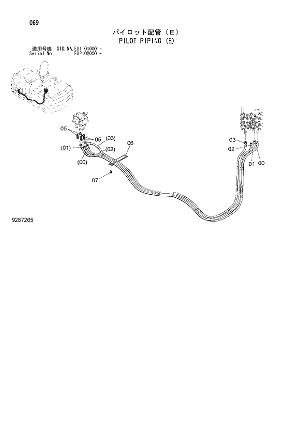Схема запчастей Hitachi ZX160LC-3 - 069_PILOT PIPING (E) (EU1 010001 -; EU2 020001 -; NA - NA; STD - STD). 01 UPPERSTRUCTURE