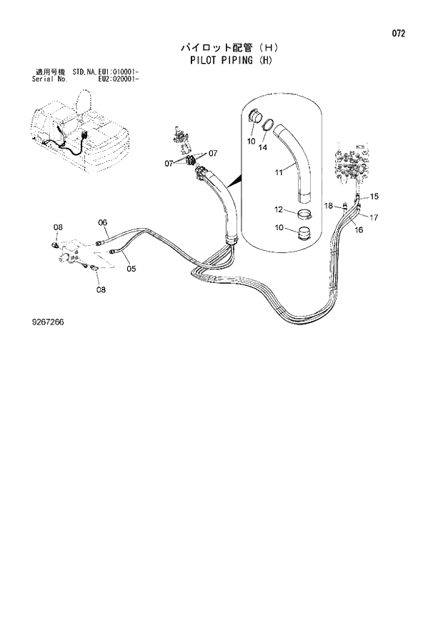 Схема запчастей Hitachi ZX160LC-3 - 072_PILOT PIPING (H) (EU1 010001 -; EU2 020001 -; NA - NA; STD - STD). 01 UPPERSTRUCTURE
