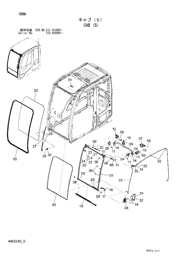 Схема запчастей Hitachi ZX160LC-3 - 169_CAB (5) (EU1 010001 -; EU2 020001 -; NA - NA; STD - STD). 01 UPPERSTRUCTURE