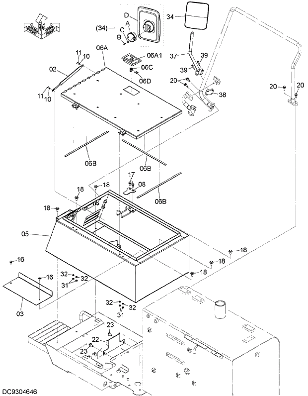 Схема запчастей Hitachi ZX470R-5G - 023 LUBRICATOR BOX 01 FRAME,COVER