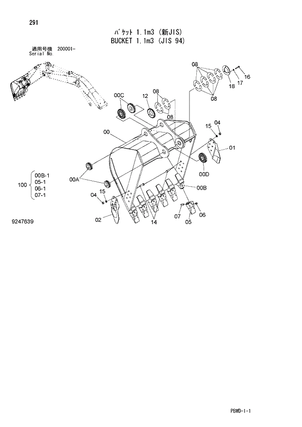 Схема запчастей Hitachi ZX210LCK-3G - 291 BUCKET 1.1m3 (JIS 94) 03 FRONT-END ATTACHMENT (MONO-BOOM)