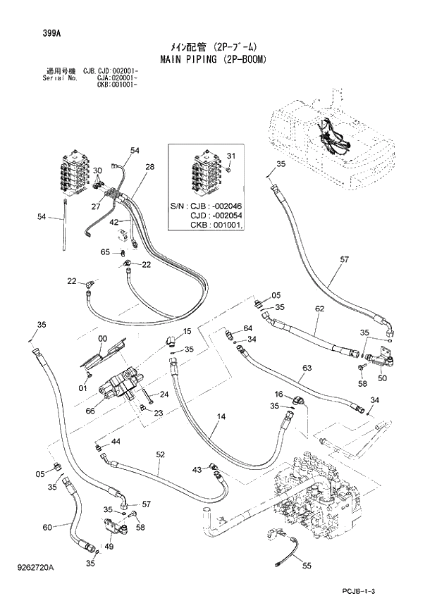 Схема запчастей Hitachi ZX210W-3 - 399 MAIN PIPING (2P-BOOM) (CJA020001- CJB- CJB CJD 002001- CKB001001-). 04 FRONT-END ATTACHMENTS(2P-BOOM)