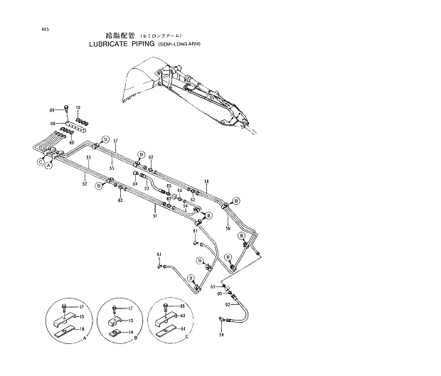 Схема запчастей Hitachi EX400LC-5 - 465 LUBRICATE PIPING (SEMI-LONG ARM) 03 BACKHOE ATTACHMENTS