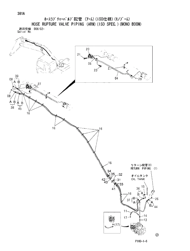 Схема запчастей Hitachi ZX230 - 381 HOSE RUPTURE VALVE PIPING (ARM)(ISO SPEC.)(MONO BOOM). FRONT-END ATTACHMENTS(MONO-BOOM)