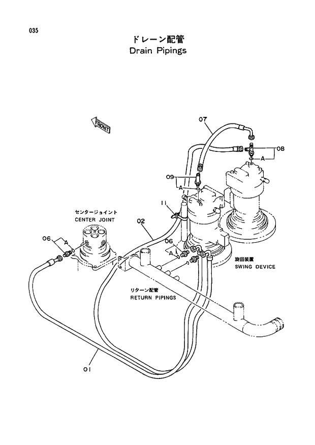 Схема запчастей Hitachi EX400 тип B - 035 DRAIN PIPINGS 01 UPPERSTRUCTURE