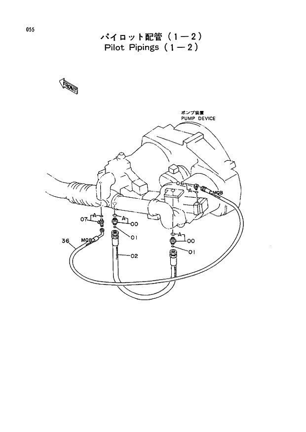Схема запчастей Hitachi EX400 тип B - 055 PILOT PIPINGS (1-2) 01 UPPERSTRUCTURE