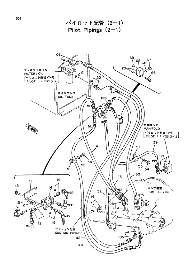Схема запчастей Hitachi EX400 тип B - 057 PILOT PIPINGS (2-1) 01 UPPERSTRUCTURE