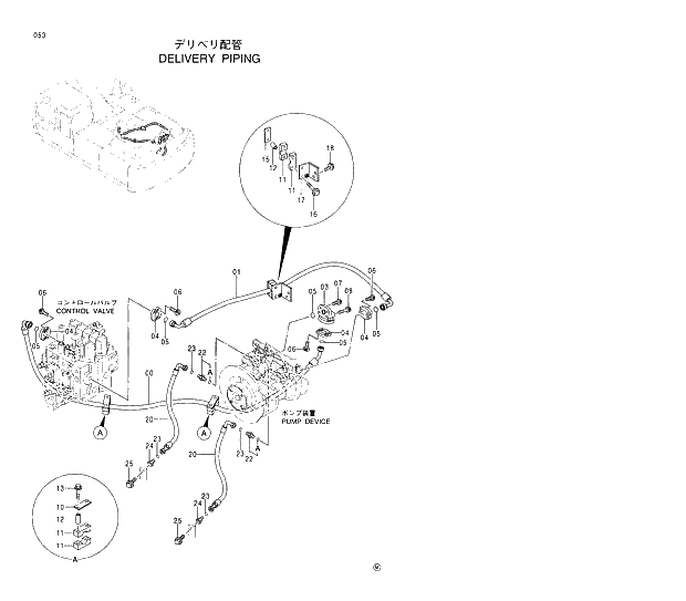 Схема запчастей Hitachi EX350LCK-5 - 053 DELIVERY PIPINGS 01 UPPERSTRUCTURE