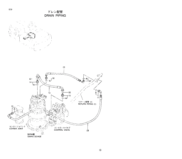 Схема запчастей Hitachi EX370HD-5 - 059 DRAIN PIPINGS 01 UPPERSTRUCTURE