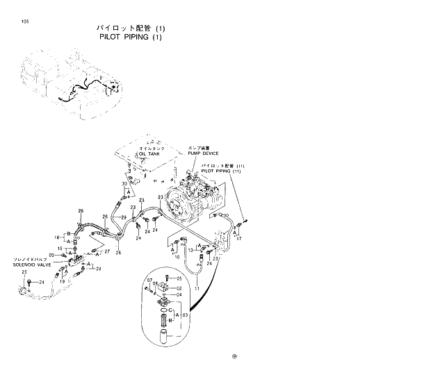 Схема запчастей Hitachi EX370-5 - 105 PILOT PIPINGS (1) 01 UPPERSTRUCTURE