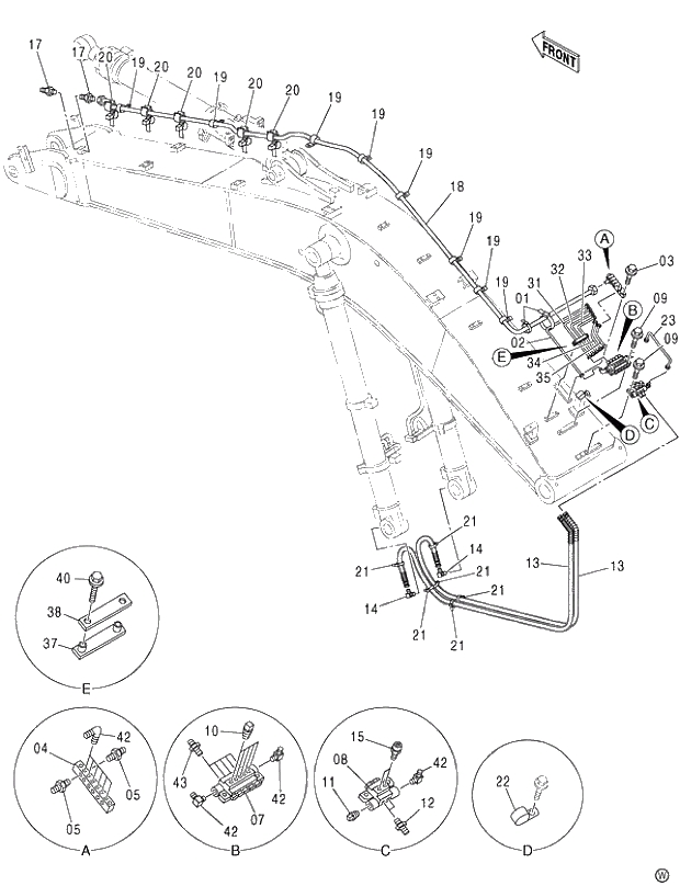 Схема запчастей Hitachi ZX480MTH - 004 AUTO. LUBRICATE PIPING (BOOM)(1) 450,H,MT,MTH (450,MT F054-H,MTH F5140-). 03 BACKHOE ATTACHMENTS