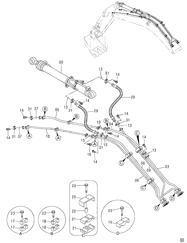 Схема запчастей Hitachi ZX450LC - 022 FRONT PIPING (BE BOOM) (450,H,MT,MTH 010001-460 050001-). 03 BACKHOE ATTACHMENTS