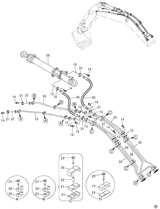 Схема запчастей Hitachi ZX480MT - 027 FRONT PIPING (STD. BOOM, H BOOM) (450,H,MT,MTH 010001-460 050001-). 03 BACKHOE ATTACHMENTS