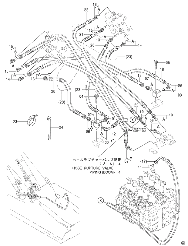 Схема запчастей Hitachi ZX450LC - 036 HOSE RUPTURE VALVE PIPING (BOOM)(3) (450,H,MT,MTH 010001-460 050001-). 03 BACKHOE ATTACHMENTS