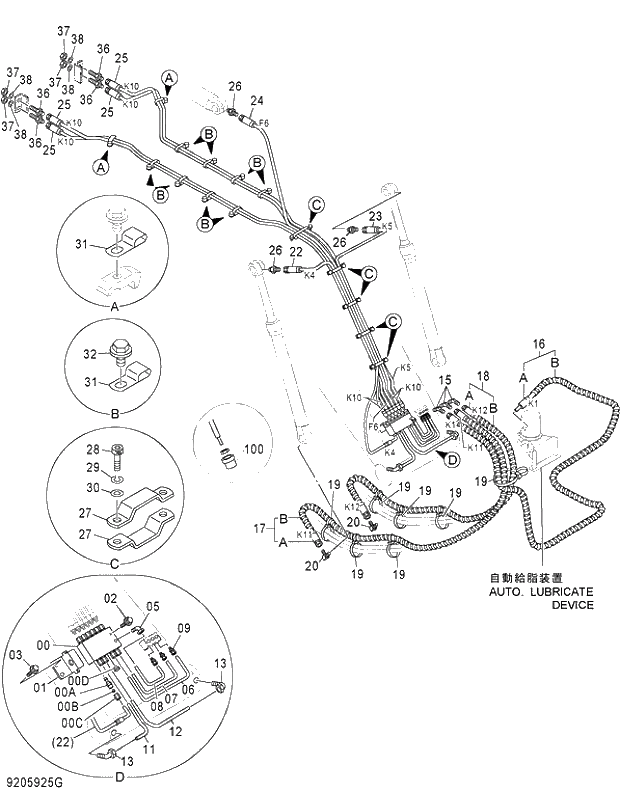 Схема запчастей Hitachi ZX350LCK-3G - 015 AUTO. LUBRICATE PIPING (BOOM) 03 FRONT-END ATTACHMENTS