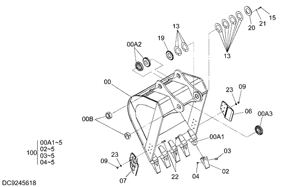 Схема запчастей Hitachi ZX350LCK-3G - 018 BUCKET 1.4m3 (JIS 94) 03 FRONT-END ATTACHMENTS