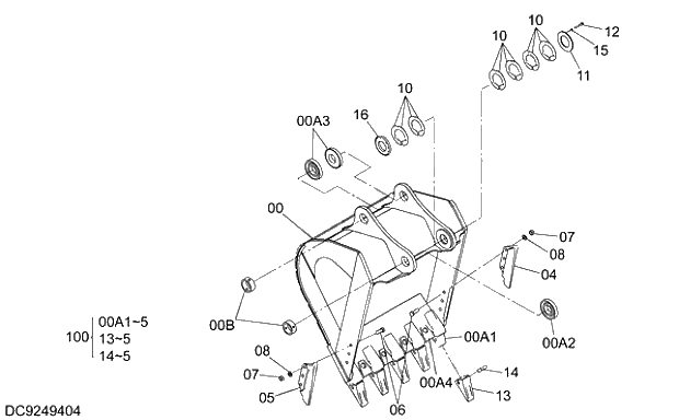Схема запчастей Hitachi ZX350LCH-3G - 026 ROCK BUCKET 1.38m3 (JIS 94)(SIDE-PIN TOOTH) 03 FRONT-END ATTACHMENTS