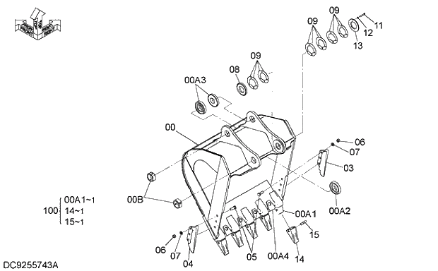 Схема запчастей Hitachi ZX350LCK-3G - 028 ROCK BUCKET 1.5m3 (JIS 94)(SIDE-PIN TOOTH) 03 FRONT-END ATTACHMENTS