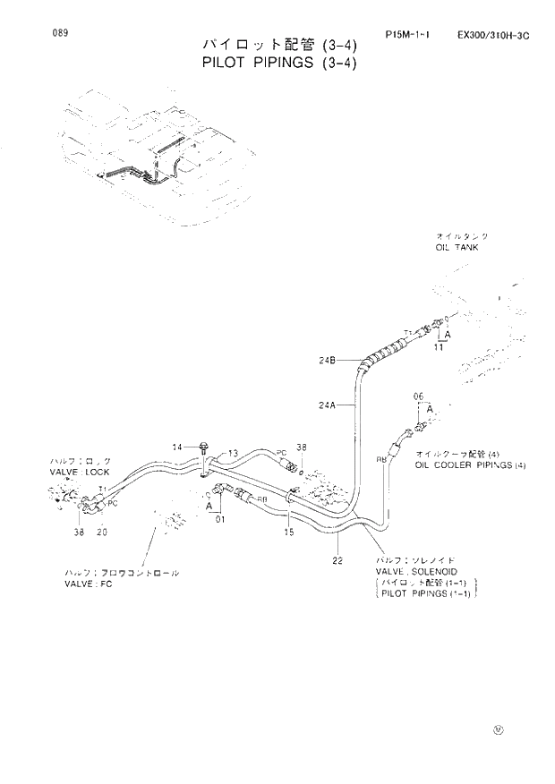Схема запчастей Hitachi EX300-3C - 089 PILOT PIPINGS (3-4). 01 UPPERSTRUCTURE