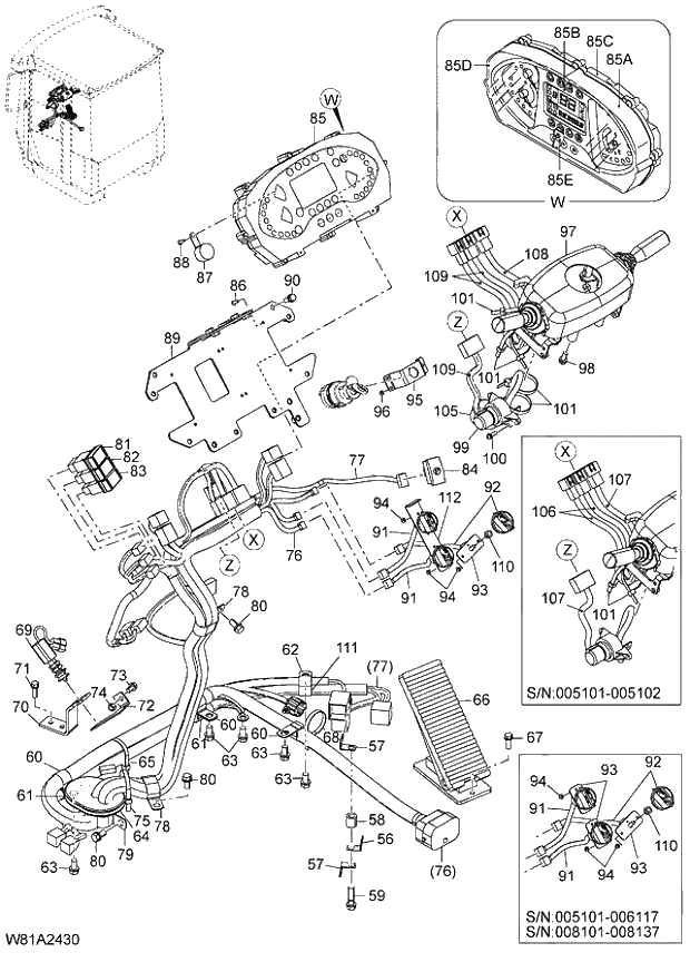 Схема запчастей Hitachi ZW250 - 137_ELECTRICAL PARTS(STEERING COLUMN) 6CH,HCH,HEH (005101-006128, 008101-008200). 05 ELECTRICAL SYSTEM