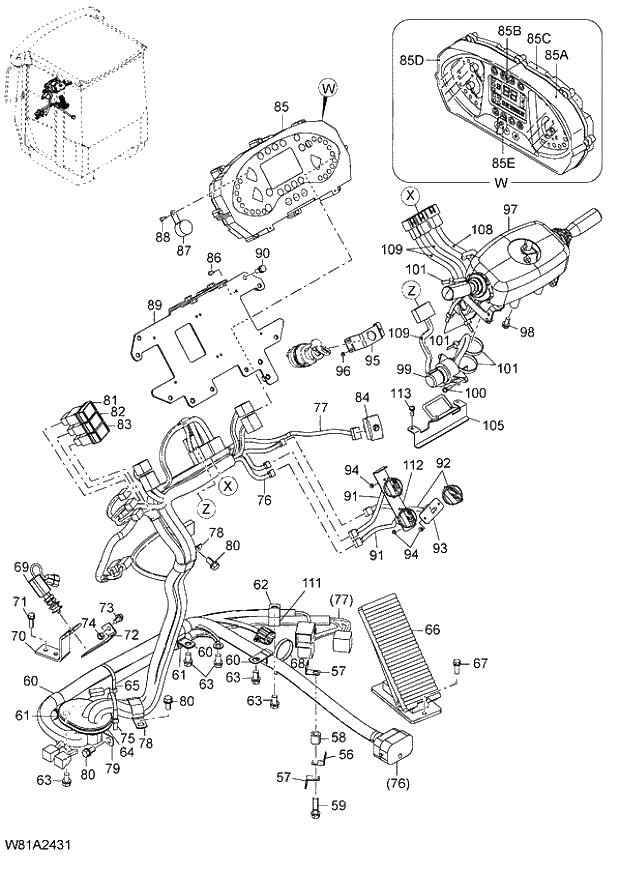 Схема запчастей Hitachi ZW250 - 138_ELECTRICAL PARTS(STEERING COLUMN) 6CH,HCH,HEH (006129-007999, 008201-009999). 05 ELECTRICAL SYSTEM