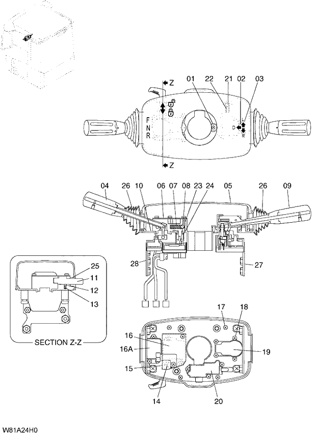 Схема запчастей Hitachi ZW250 - 139_COLUMN LEVER (000101-004999, 005101-). 05 ELECTRICAL SYSTEM