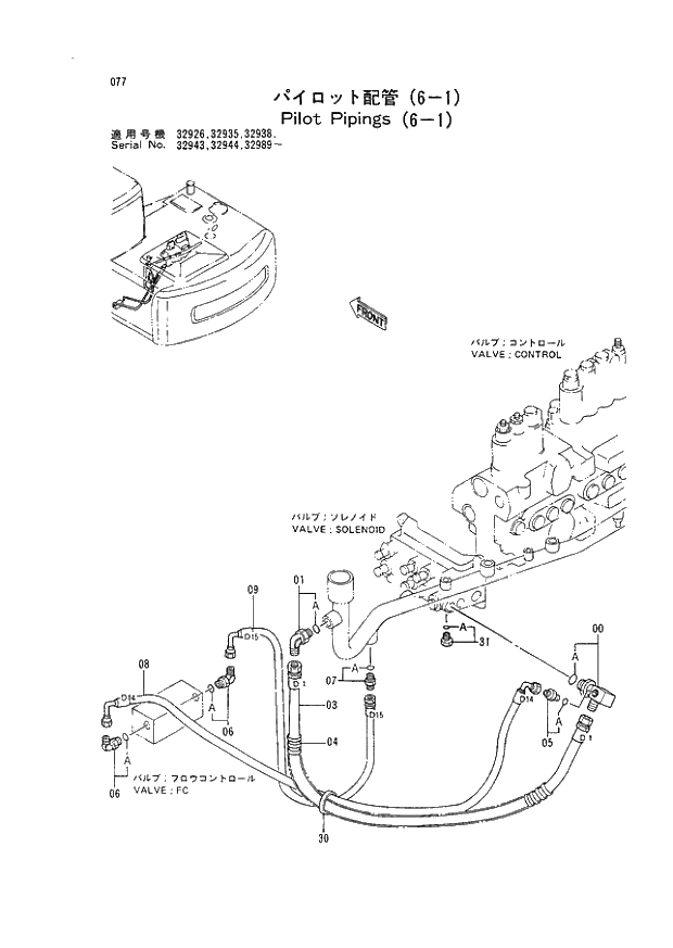 Схема запчастей Hitachi EX120-2 - 077 PILOT PIPINGS (6-1) (032944 - 032944). 01 UPPERSTRUCTURE