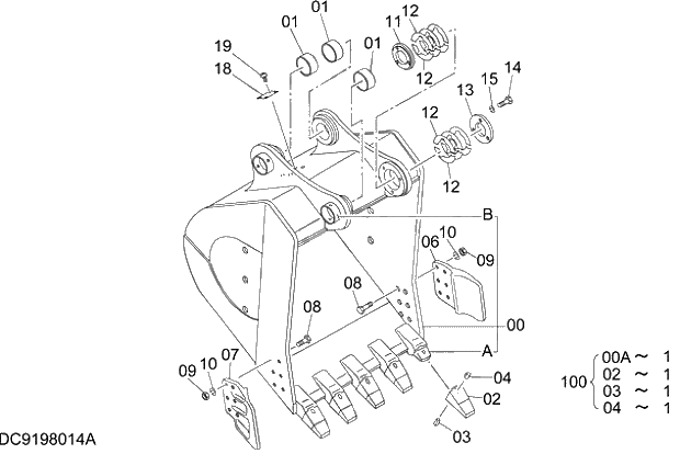 Схема запчастей Hitachi ZX470-5G - 017 BUCKET 1.4m3 (JIS 94) 14 FRONT-END ATTACHMENTS