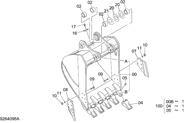 Схема запчастей Hitachi ZX470H-5G - 018 BUCKET 1.9m3 (JIS 94) 14 FRONT-END ATTACHMENTS
