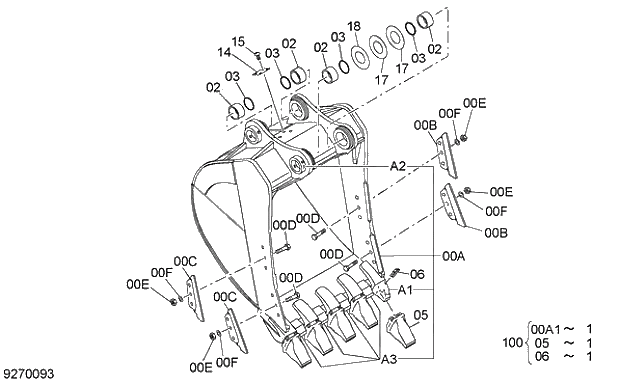 Схема запчастей Hitachi ZX470H-5G - 022 ROCK BUCKET 1.9m3 (JIS 94) 14 FRONT-END ATTACHMENTS