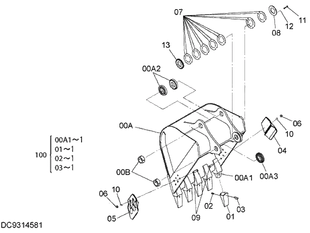Схема запчастей Hitachi ZX280-5G - 010 BUCKET 1.0m3 (JIS 94) 12 FRONT-END ATTACHMENTS
