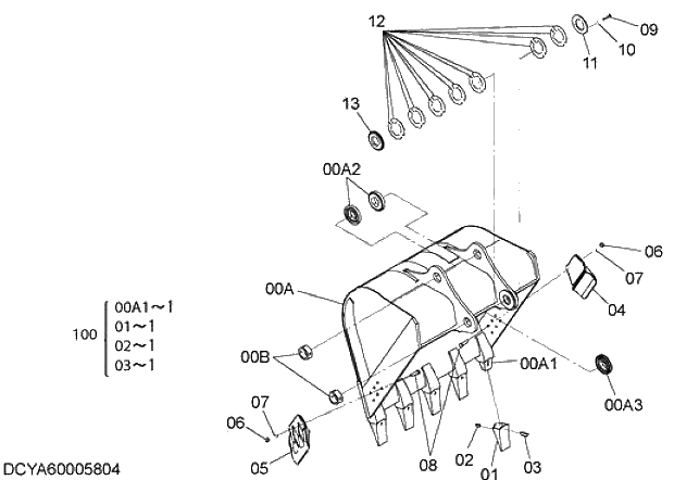 Схема запчастей Hitachi ZX280-5G - 012 BUCKET 1.4m3 (JIS 94) 12 FRONT-END ATTACHMENTS