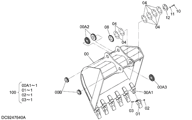 Схема запчастей Hitachi ZX210H-5G - 018 BUCKET 1.2m3 (JIS 94) 12 FRONT-END ATTACHMENTS