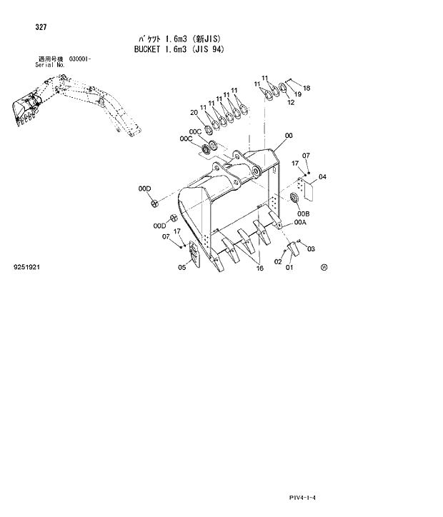 Схема запчастей Hitachi ZX270-3 - 327 BUCKET 1.6m3 (JIS 94). 04 FRONT-END ATTACHMENTS(2P-BOOM)