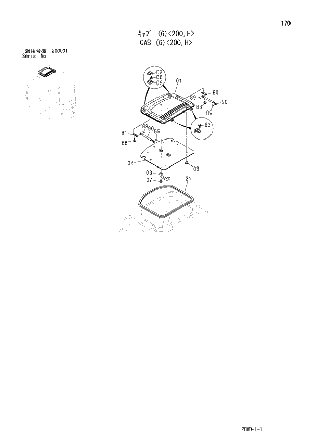 Схема запчастей Hitachi ZX210LCK-3G - 170 CAB (6) 200,H 01 UPPERSTRUCTURE
