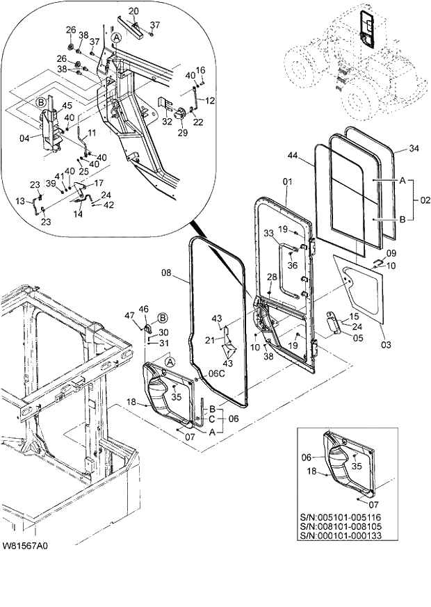 Схема запчастей Hitachi ZW180 - 067 DOOR (RIGHT) (000101-004999, 005101-). 04 CAB