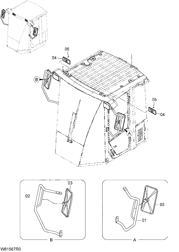 Схема запчастей Hitachi ZW180 - 086 REARVIEW MIRROR (HLF) (BM002) (008101-). 04 CAB