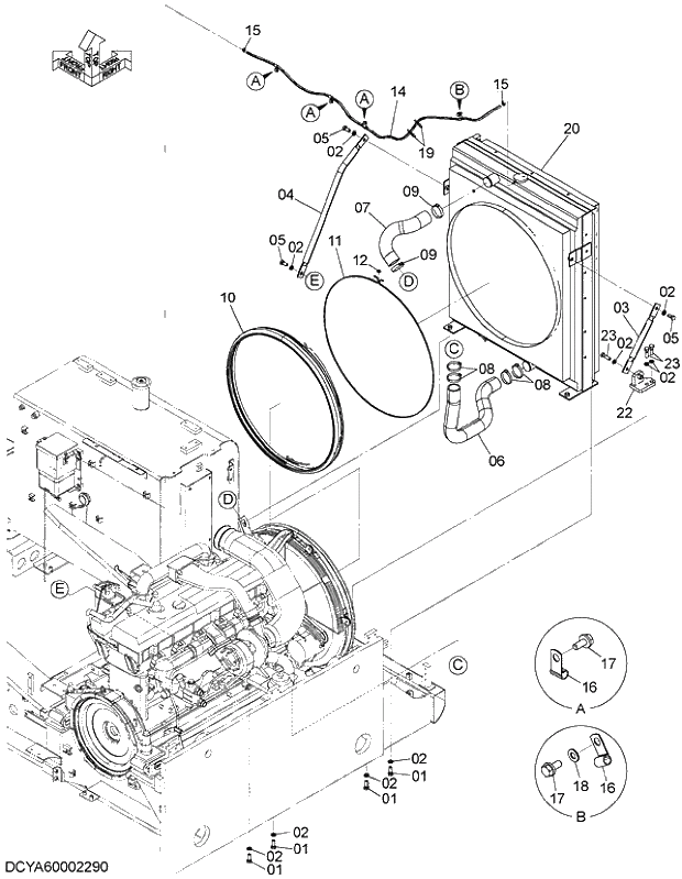 Схема запчастей Hitachi ZX470-5G - 005 RADIATOR SUPPORT 03 ENGINE