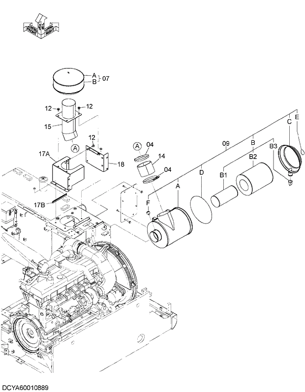 Схема запчастей Hitachi ZX470R-5G - 009 PRE CREANER 03 ENGINE